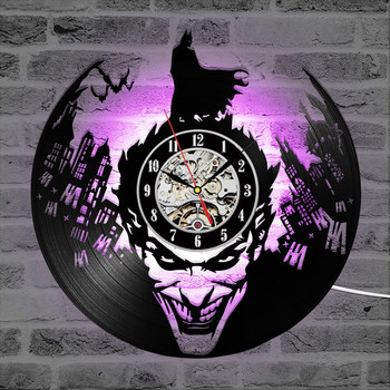 Винилова плоча Стенен часовник Bat Joker Home Bar Decor Quartz Movemen Crafts Decor 7colors Light Wall Clocks Antique Home Decor
