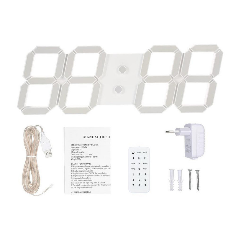 Didelio dydžio LED 3D skaitmeninis sieninis laikrodis su nuotolinio valdymo pultu 12/24 valandų režimas, skirtas namų dekoravimui EU kištukas, baltas korpusas su šviesa