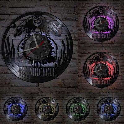 Motociklų lenktynių vinilo plokštelių sieninis laikrodis Motociklas Retro muzikos albumas Namų dekoras Tylus sieninis laikrodis Motociklininko lenktynininko dovana