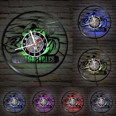 Motociklų lenktynių vinilo plokštelių sieninis laikrodis Motociklas Retro muzikos albumas Namų dekoras Tylus sieninis laikrodis Motociklininko lenktynininko dovana
