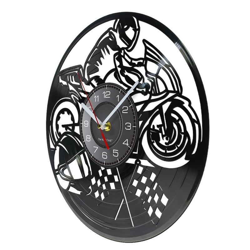 Motociklų lenktynių vinilo plokštelių sieninis laikrodis Motociklas Retro muzikos albumas Namų dekoras Tylus sieninis laikrodis Motociklininko lenktynininko dovana