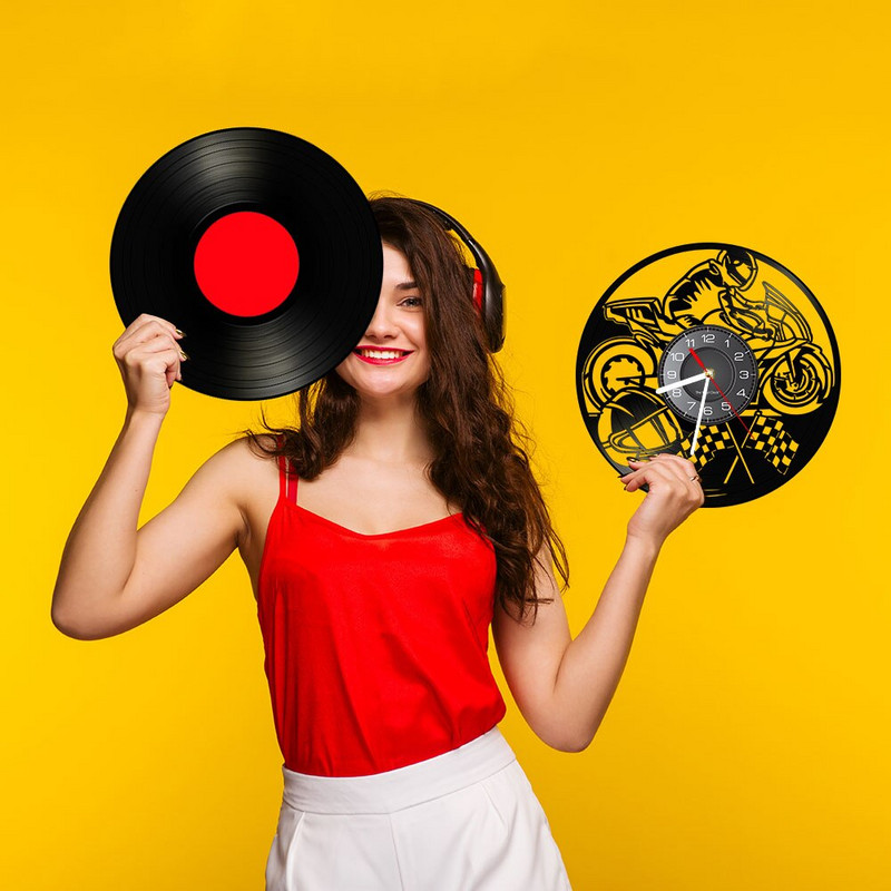 Motociklų lenktynių vinilo plokštelių sieninis laikrodis Motociklas Retro muzikos albumas Namų dekoras Tylus sieninis laikrodis Motociklininko lenktynininko dovana