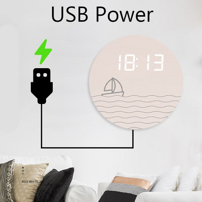 Kerek fa LED digitális falióra Nappali Modern egyszerű művészeti dekoráció Kreatív kerek elektronikus óra asztali kiegészítők