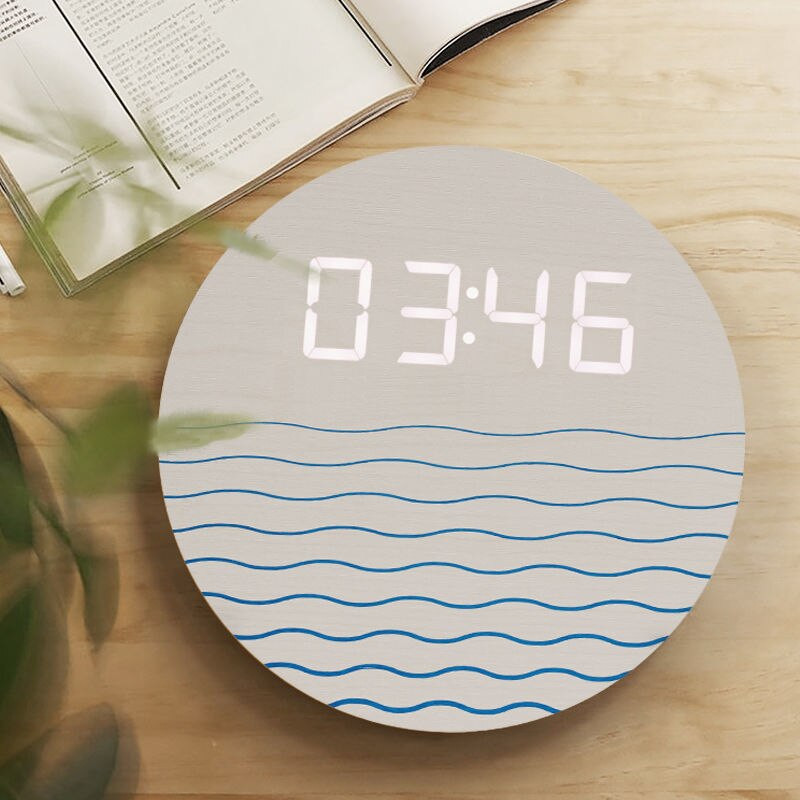 Kerek fa LED digitális falióra Nappali Modern egyszerű művészeti dekoráció Kreatív kerek elektronikus óra asztali kiegészítők