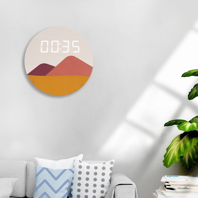 Kerek fa LED digitális falióra Nappali Modern egyszerű művészeti dekoráció Kreatív kerek elektronikus óra asztali kiegészítők