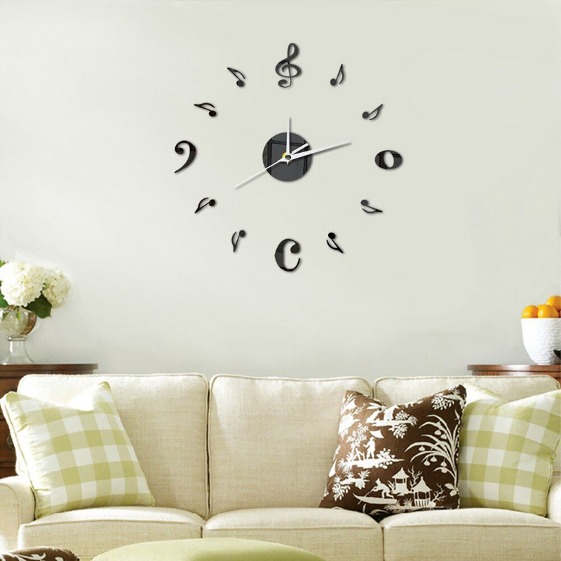 Ceas de perete cu note muzicale acrilic unic cuarț mut Ceas decorativ Design modern DIY auto-adeziv cu efect de oglindă autocolante de perete
