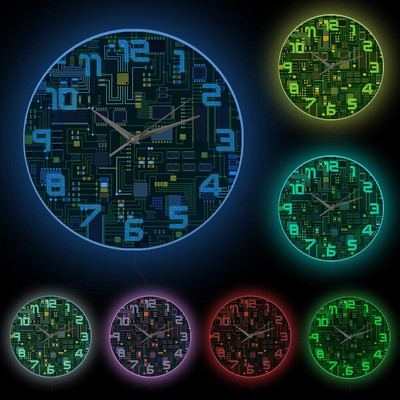 Kompiuterio elektroninių lustų plokštės Geeky sieninis laikrodis žalias kompiuterio plokštės spausdinimo meno sieninis laikrodis inžinieriaus dovanų biuro dekoras