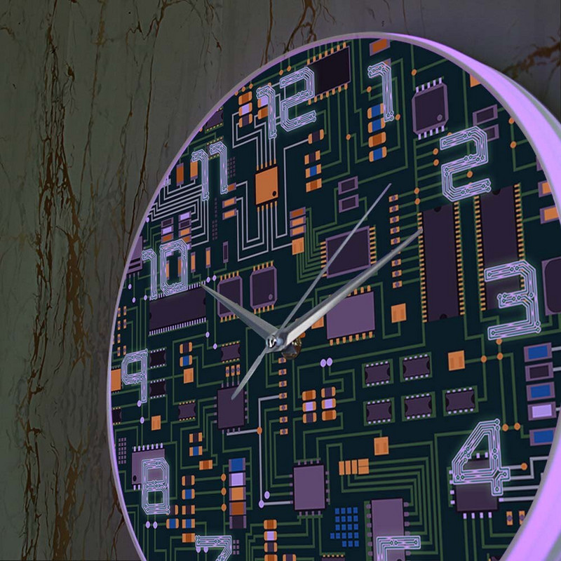 Kompiuterio elektroninių lustų plokštės Geeky sieninis laikrodis žalias kompiuterio plokštės spausdinimo meno sieninis laikrodis inžinieriaus dovanų biuro dekoras