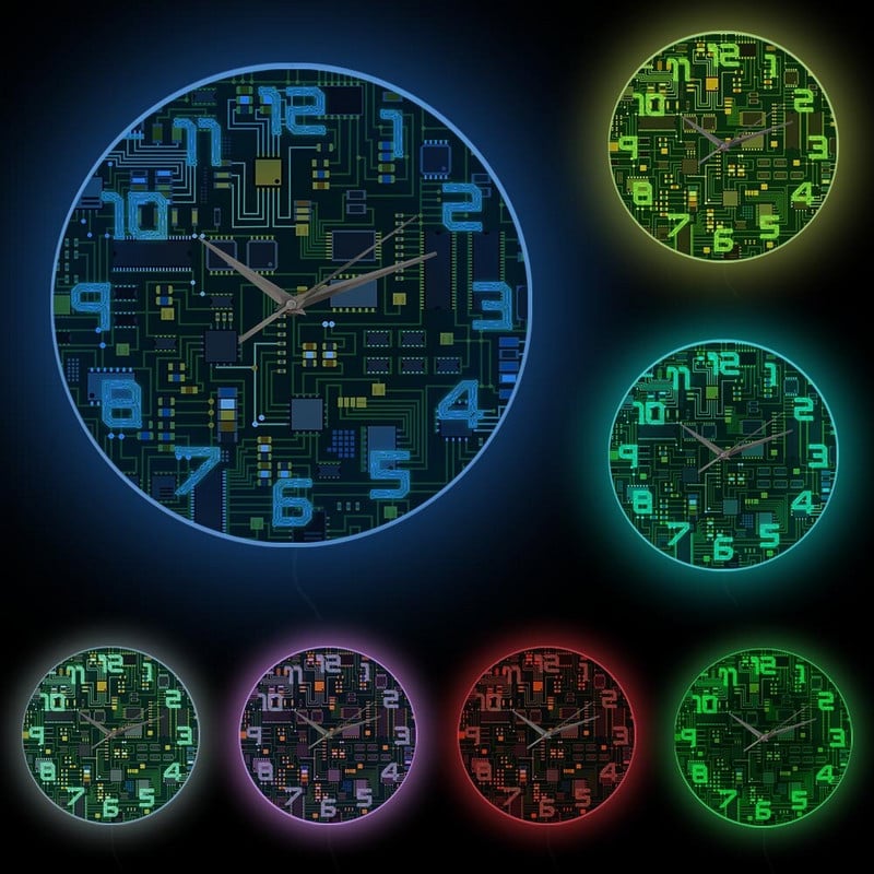 Kompiuterio elektroninių lustų plokštės Geeky sieninis laikrodis žalias kompiuterio plokštės spausdinimo meno sieninis laikrodis inžinieriaus dovanų biuro dekoras