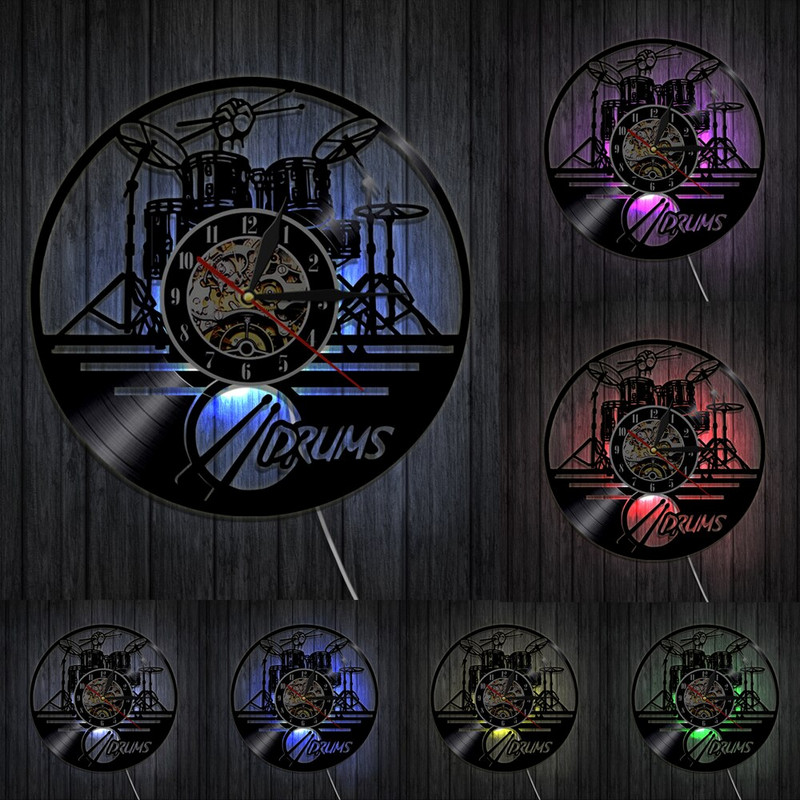Gitara Būgnai Vinilo plokštelė Tylus sieninis laikrodis Muzikos instrumentas Namai Namų dekoras Vintažinis LED sieninis laikrodis muzikos mylėtojo dovana