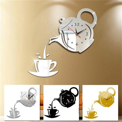 3D Coffee Cup Teapot Self Adhesive Acrylic Mirror Clock Wall Stickers for Home Living Room Decor Wall Clock Wall Sticker Clock