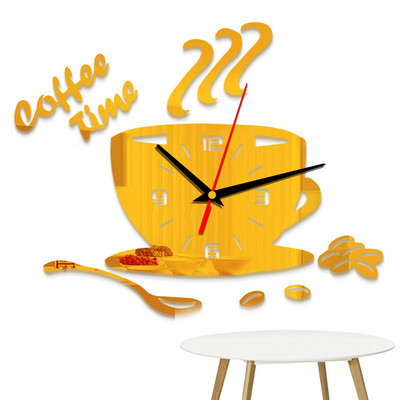 3D-peegliga kohvitassi kujuga seinakellad Moodsa disainiga loomingulise seinakella kleebis DIY köögi elutoa kodukaunistusteks
