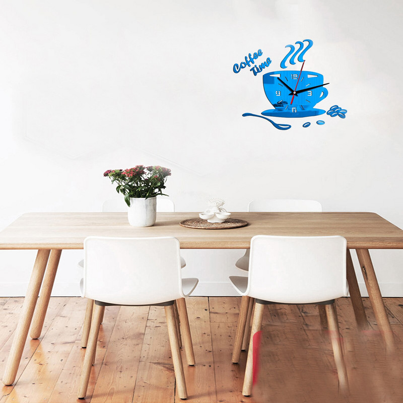 3D-peegliga kohvitassi kujuga seinakellad Moodsa disainiga loomingulise seinakella kleebis DIY köögi elutoa kodukaunistusteks