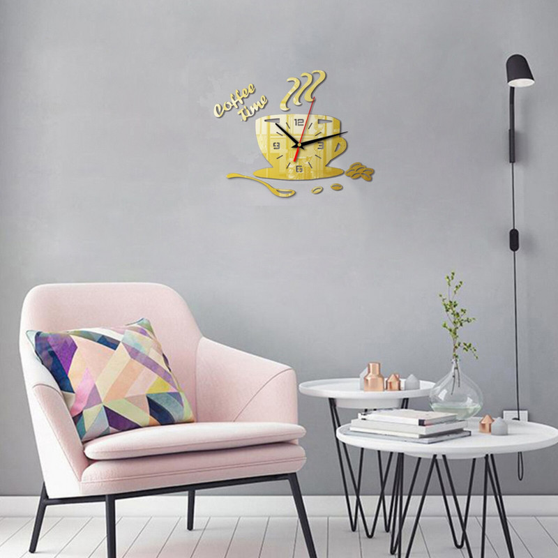 3D-peegliga kohvitassi kujuga seinakellad Moodsa disainiga loomingulise seinakella kleebis DIY köögi elutoa kodukaunistusteks