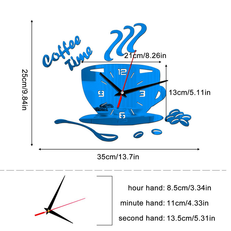 3D-peegliga kohvitassi kujuga seinakellad Moodsa disainiga loomingulise seinakella kleebis DIY köögi elutoa kodukaunistusteks