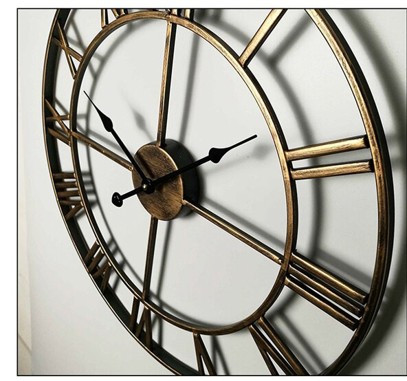 40CM Скандинавски метални стенни часовници с римски цифри Ретро желязо с кръгло лице Черно злато Голям външен градински часовник Декорация на дома