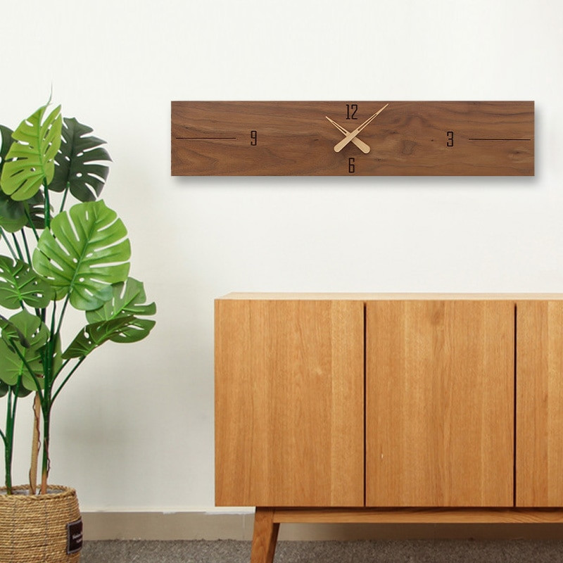 Ceas de perete modern, scurt, din lemn masiv, artă RETRO, creativ, orizontal, din nuc, silențios, ceas de sufragerie în stil nordic