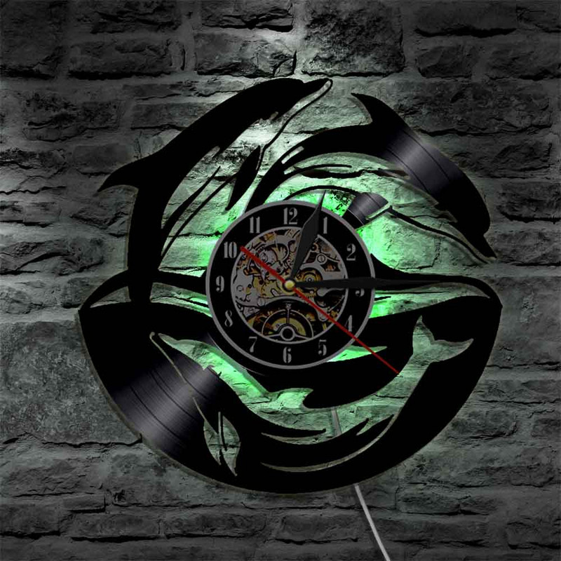 Delfin, mare, ocean, viață, animale, disc de vinil, ceas, subacvatic, faună sălbatică, ceasuri cu delfin marin, decor pentru cameră pentru copii, cadou de ziua copiilor