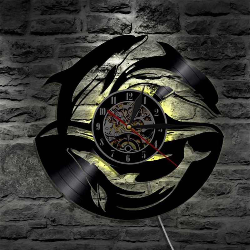 Delfin, mare, ocean, viață, animale, disc de vinil, ceas, subacvatic, faună sălbatică, ceasuri cu delfin marin, decor pentru cameră pentru copii, cadou de ziua copiilor