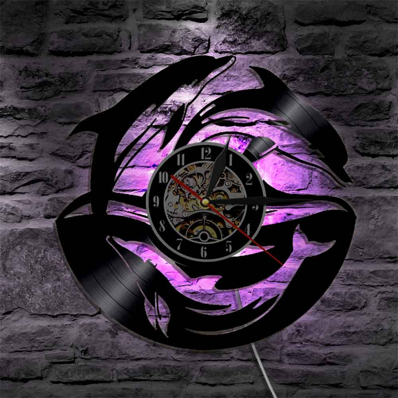 Delfin, mare, ocean, viață, animale, disc de vinil, ceas, subacvatic, faună sălbatică, ceasuri cu delfin marin, decor pentru cameră pentru copii, cadou de ziua copiilor