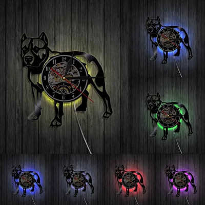 American Bully Pitbull Ceas de perete cu disc de vinil Decor pentru casă Animal de companie Cățeluș Animal Câine Lampă de perete modernă Iluminat decorativ