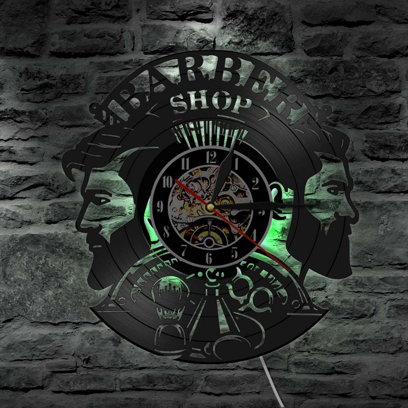 Šukuosena Kirpykla sieninis laikrodis Vinilinis plokštelinis sieninis laikrodis, veikiantis su baterijomis kirpykla Kirpykla Kirpykla Salonas Apšviestas Dekoras