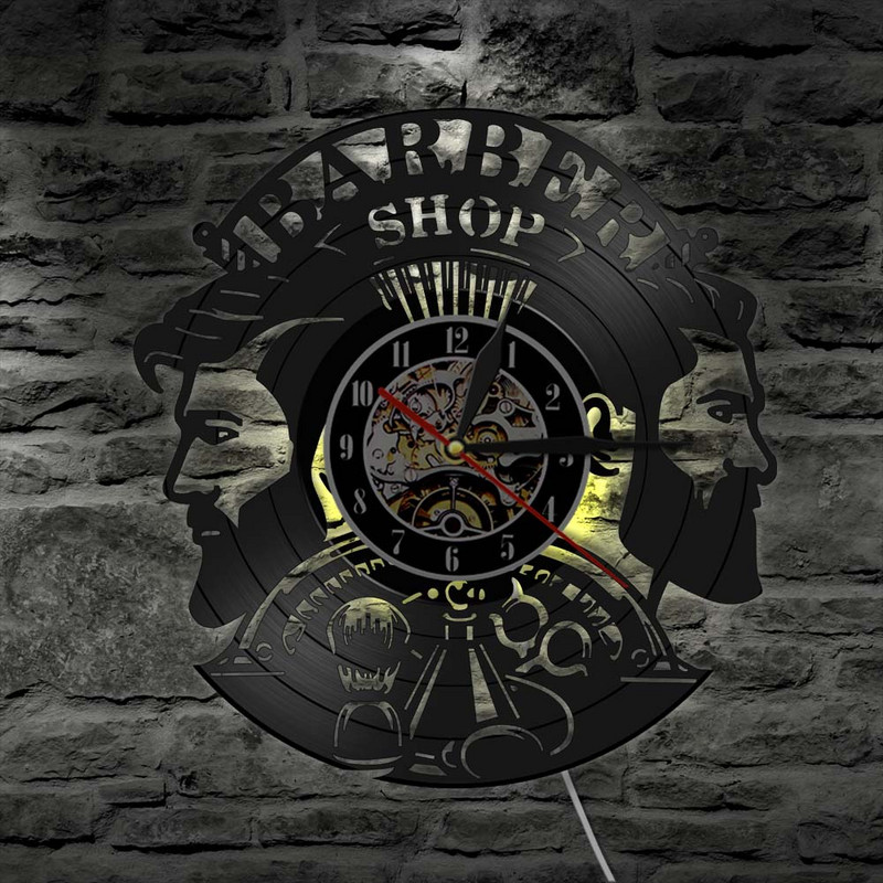 Šukuosena Kirpykla sieninis laikrodis Vinilinis plokštelinis sieninis laikrodis, veikiantis su baterijomis kirpykla Kirpykla Kirpykla Salonas Apšviestas Dekoras