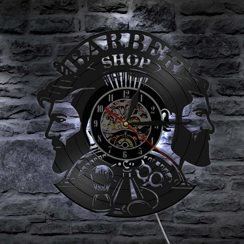 Šukuosena Kirpykla sieninis laikrodis Vinilinis plokštelinis sieninis laikrodis, veikiantis su baterijomis kirpykla Kirpykla Kirpykla Salonas Apšviestas Dekoras