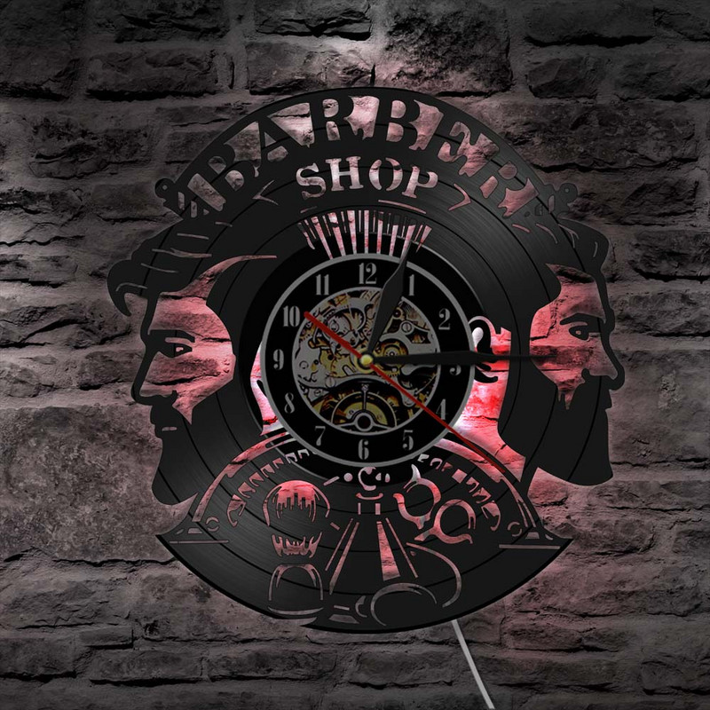 Šukuosena Kirpykla sieninis laikrodis Vinilinis plokštelinis sieninis laikrodis, veikiantis su baterijomis kirpykla Kirpykla Kirpykla Salonas Apšviestas Dekoras