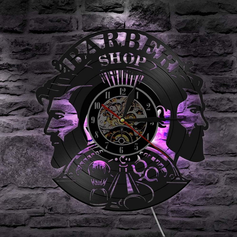 Šukuosena Kirpykla sieninis laikrodis Vinilinis plokštelinis sieninis laikrodis, veikiantis su baterijomis kirpykla Kirpykla Kirpykla Salonas Apšviestas Dekoras