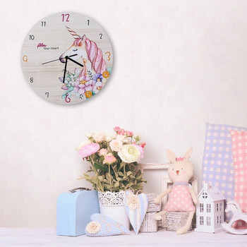 Анимационен кръгъл еднорог стенен часовник Детски дървен безшумен Reloj de Pared за бебешки стаи Horloge Home Decor Декорация на всекидневна
