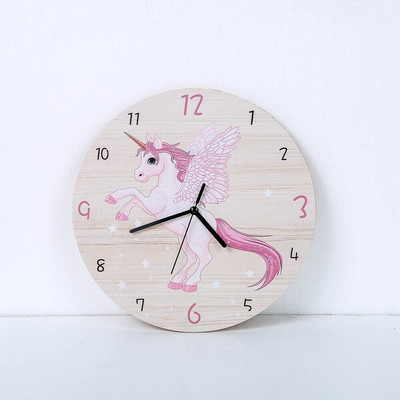Rajzfilm kör alakú egyszarvú falióra gyerekeknek fából készült csendes reloj de Pared babaszobákhoz Horloge lakberendezés Nappali dekoráció