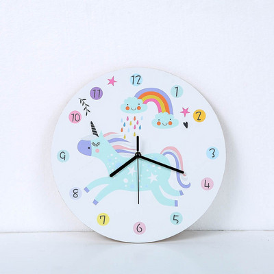 Rajzfilm kör alakú egyszarvú falióra gyerekeknek fából készült csendes reloj de Pared babaszobákhoz Horloge lakberendezés Nappali dekoráció
