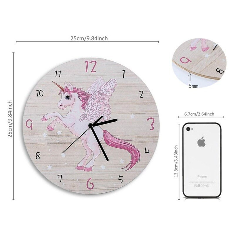 Rajzfilm kör alakú egyszarvú falióra gyerekeknek fából készült csendes reloj de Pared babaszobákhoz Horloge lakberendezés Nappali dekoráció