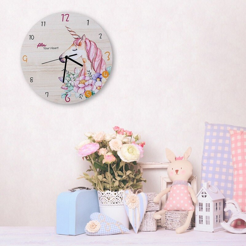 Rajzfilm kör alakú egyszarvú falióra gyerekeknek fából készült csendes reloj de Pared babaszobákhoz Horloge lakberendezés Nappali dekoráció