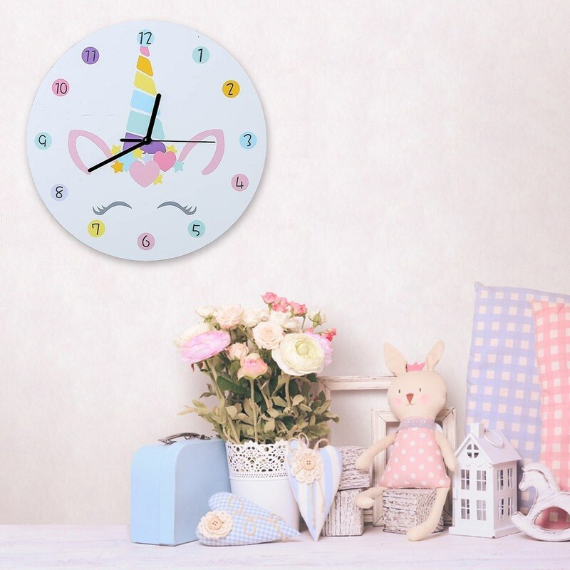 Rajzfilm kör alakú egyszarvú falióra gyerekeknek fából készült csendes reloj de Pared babaszobákhoz Horloge lakberendezés Nappali dekoráció