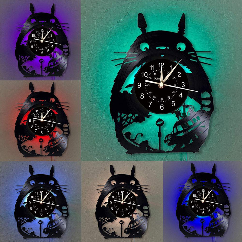 Ceas de perete cu desene animate Ceas de perete cu disc de vinil LED de 12 inchi | Ceas de perete luminos Totoro Gift | Decor pentru casa Ceas de perete cu design modern.
