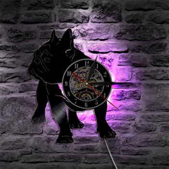 Собственик на булдог Стенен художествен часовник Животни Френско куче Винилова плоча Стенен часовник с LED осветена светлина Домашен декор Подарък за любител на домашни любимци