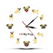 Aš myliu savo mopso šunį Ikoninio silueto žavingas šuo Ryškus spalvingas sieninis laikrodis naminių gyvūnėlių mylėtojams Dovana tylus dekoratyvinis laikrodis namų dekoras