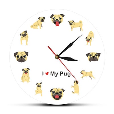 I love my Pug Dog Iconic Silhouette Αξιολάτρευτο σκυλί Ζωηρό πολύχρωμο ρολόι τοίχου για λάτρεις των κατοικίδιων Δώρο Αθόρυβο διακοσμητικό ρολόι Διακόσμηση σπιτιού