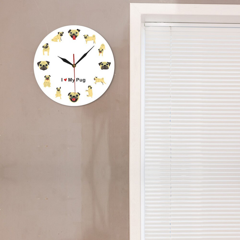 Aš myliu savo mopso šunį Ikoninio silueto žavingas šuo Ryškus spalvingas sieninis laikrodis naminių gyvūnėlių mylėtojams Dovana tylus dekoratyvinis laikrodis namų dekoras