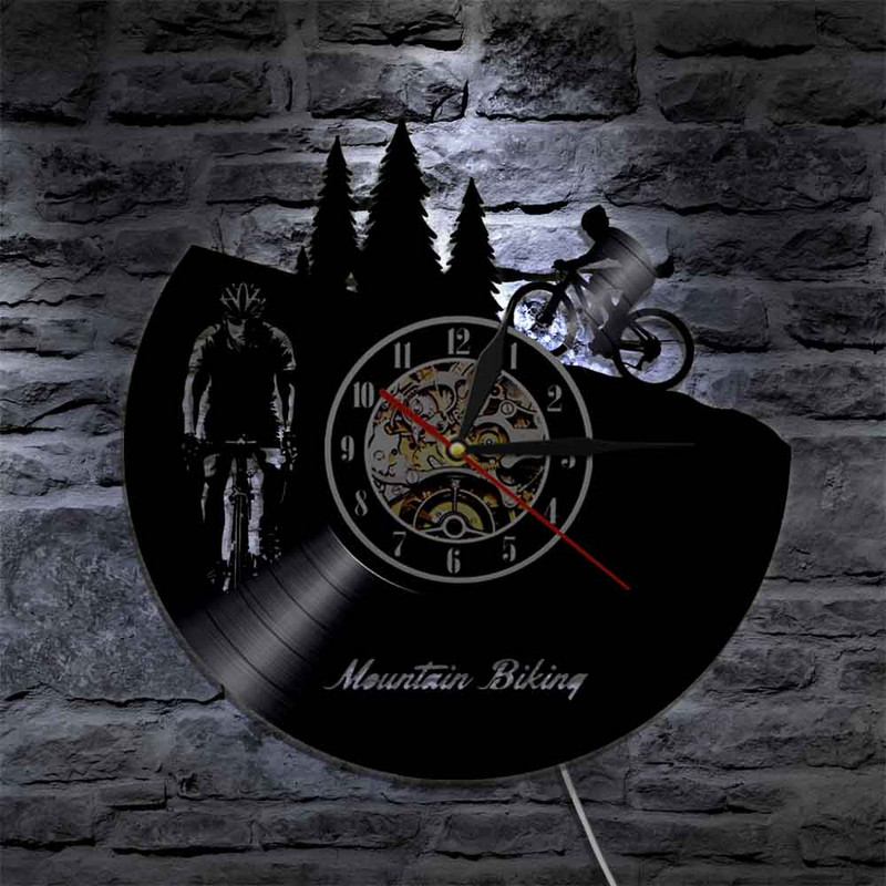 Hegyi kerékpározás bakelit lemez falióra Freeride motoros retro fali művészeti dekoráció verseny kerékpáros sziluett világítás kerékpáros óra