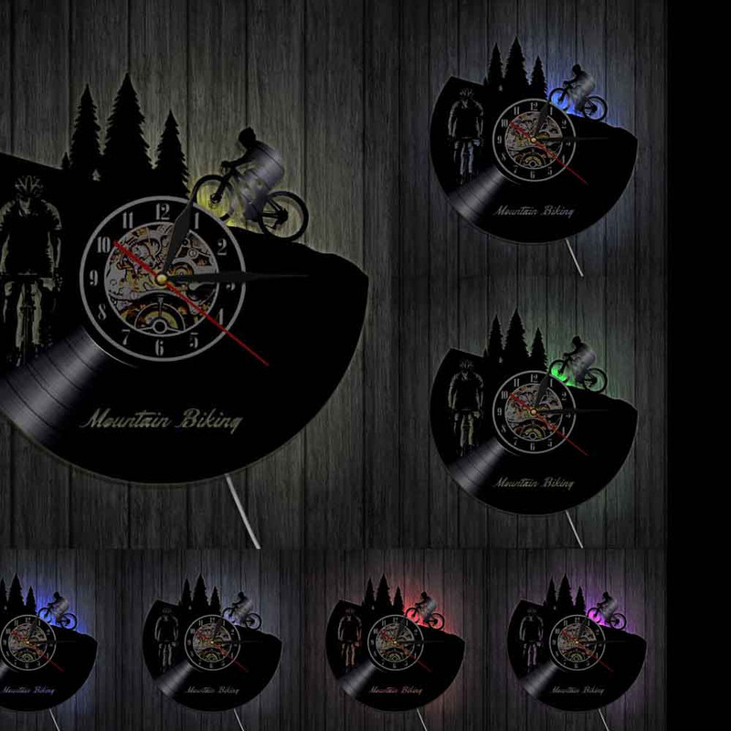 Hegyi kerékpározás bakelit lemez falióra Freeride motoros retro fali művészeti dekoráció verseny kerékpáros sziluett világítás kerékpáros óra