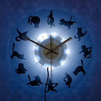 Котки Йога Различни йога пози и упражнения LED стенен часовник Раирано и таби Коте Цветни животни Часовници за домашен декор Часовник