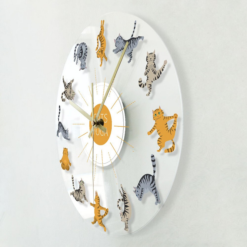 Pisici Yoga Diferite ipostaze și exerciții de yoga Ceas de perete cu LED Pisicuță cu dungi și Tabby Animale colorate Ceasuri pentru decorarea casei Ceas