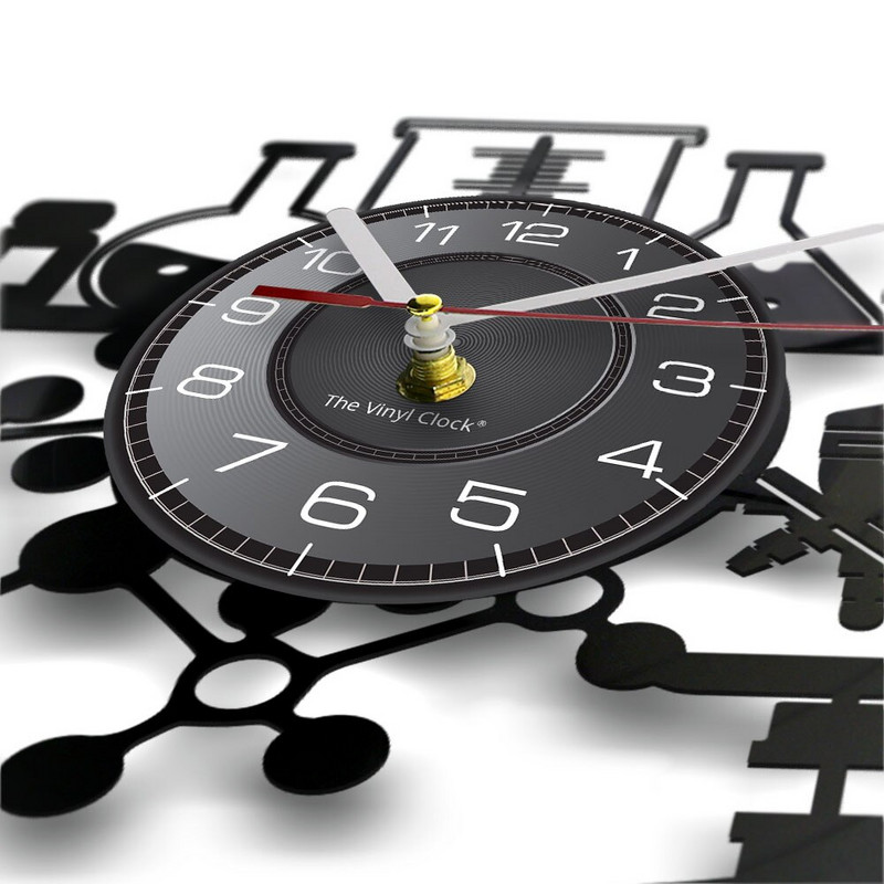 Echipamente chimice Ceas de perete din vinil LP Experiment de laborator Rechizite pentru experimente biologice Ceas de perete modern viu Cadou iubitori de știință