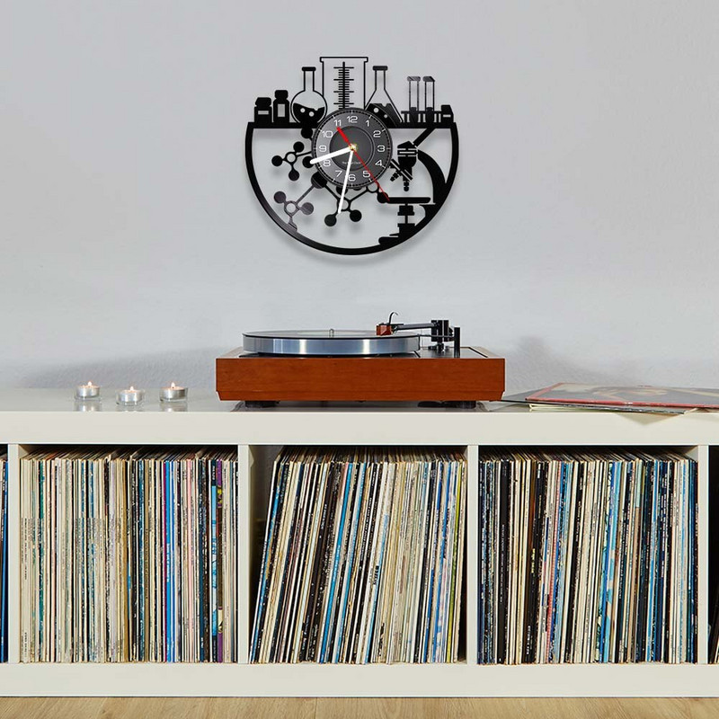 Echipamente chimice Ceas de perete din vinil LP Experiment de laborator Rechizite pentru experimente biologice Ceas de perete modern viu Cadou iubitori de știință