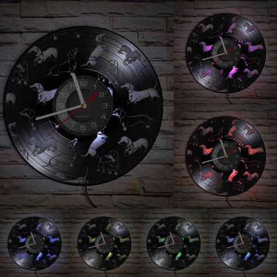 Drótszőrű tacskó kutya falióra kutya Wiener-Dog bakelit lemez falióra Kisállatbolt Kölyökkutyák fali dekoráció Vintage óra Fajta ajándékok