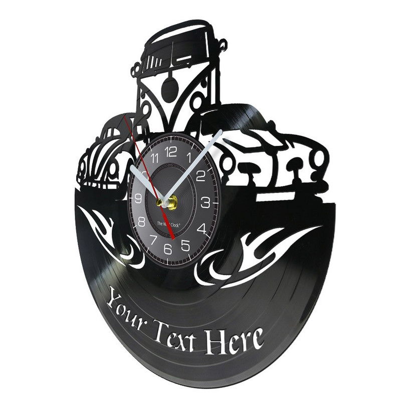 Camper Van Home Decor Ceas de perete personalizat cu logo-ul numelui tău Numărul mașinii Camper van Retro Car Ceas de perete personalizat cu disc de vinil