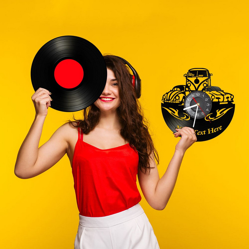 Camper Van Home Decor Ceas de perete personalizat cu logo-ul numelui tău Numărul mașinii Camper van Retro Car Ceas de perete personalizat cu disc de vinil